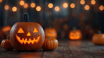Fototapeta premium A happy jack-o'-lantern with a broad smile emits a warm glow, nestled among festive Halloween lights and decorations on a wooden surface.
