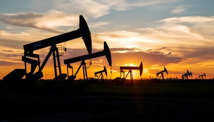 Fototapeta premium Oil pumps silhouetted against a dramatic sunset sky with clouds and vibrant orange and yellow colors