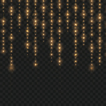 Hanging golden lights on dark background, creating a festive mood. Vector