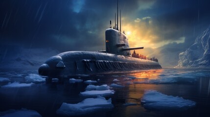 Nuclear submarine in open sea during dark sunset. Neural network ai generated art