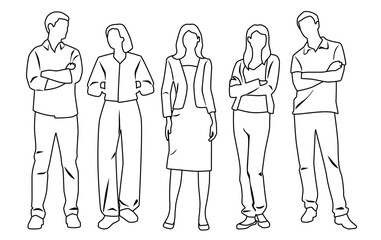 Vector silhouettes of  men and a women, a group of standing  business people,  linear sketch, black and white color isolated on white background