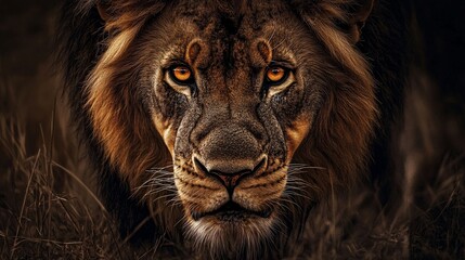 Naklejka premium A powerful lion eyes focused and muscles tense ready to pounce with unwavering confidence