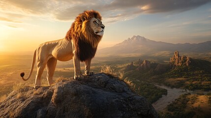 A dominant lion standing on a rock overlooking its territory with a confident and proud stance