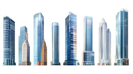 Fototapeta premium Row of modern glass skyscrapers against a white background.