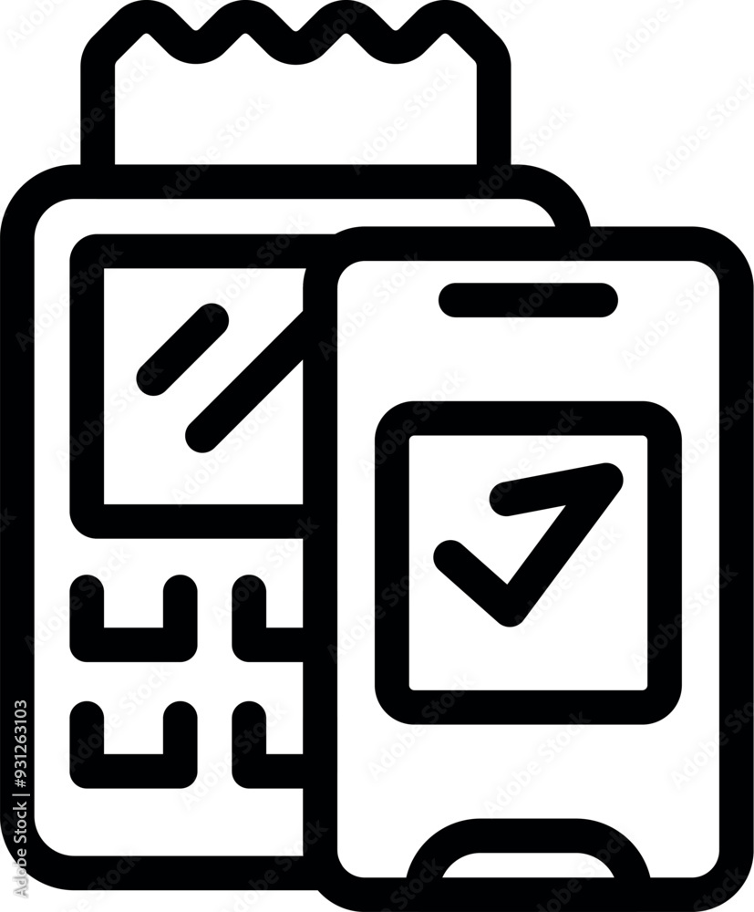 Poster line art vector icon of a smartphone making a mobile payment on a pos terminal with a check mark ico