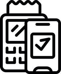 Line art vector icon of a smartphone making a mobile payment on a pos terminal with a check mark icon