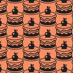 tasty birthday cake with cherry and frosting cream tattoo icon seamless pattern elegant simple  high quality print wallpaper for textile fashion in red and black