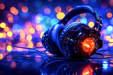 Futuristic headphones illuminated by vibrant neon lights representing next gen audio capabilities