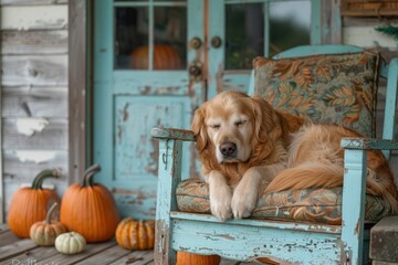 Sleeping dog on wooden bench with pumpkins, fall and harvest aesthetic. cozy, rural concept. Halloween and thanksgiving holiday