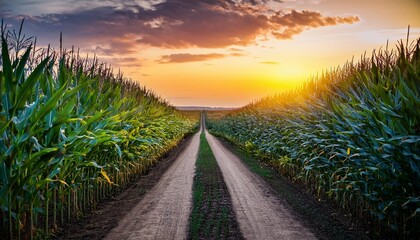 Golden Hour Glory: A Cornfield Road at Sunset