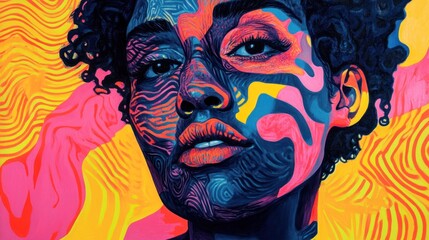 Abstract portrait of a young woman with vibrant swirling colors and patterns on her face and background.