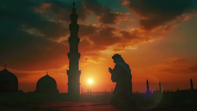 Video Recreation of a muslim man praying on knees together a alminar of a mosque at sunset