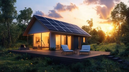 Eco friendly passive house with light inside in nature environment and solar panels and terrace in summer with photovoltaic system on the roof against forest landscape