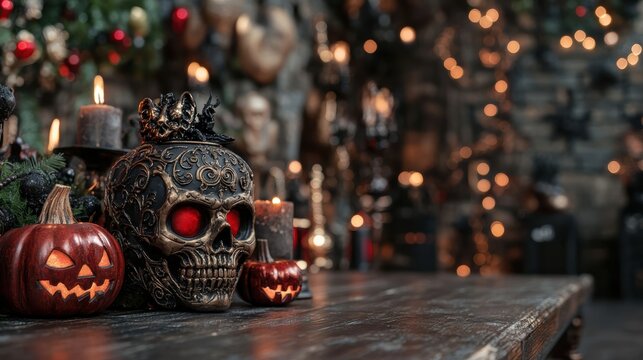 Dark and moody Halloween setup featuring an ornate skull with glowing red eyes, jack-o'-lanterns, and candlelight, creating an eerie and gothic atmosphere.