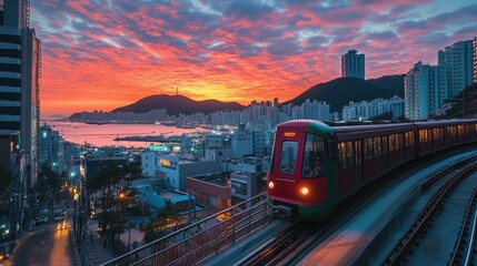 Obraz premium Train approaching a city with a dramatic sunset sky.