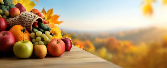 A beautiful autumn background with a wooden table, full of fruits and vegetables