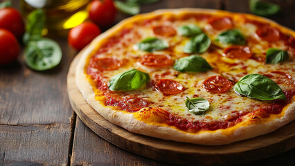 Classic Margherita: Pizza on Wooden Board with Basil