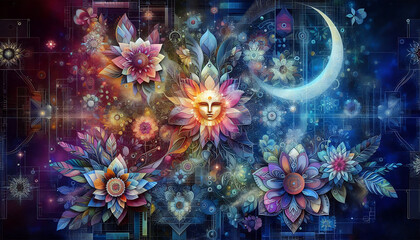 Fototapeta premium Colorful fractal fireworks lighting up a starry night wit