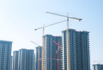 Tall modern skyscrapers with cranes in a city skyline against a blue sky construction concept