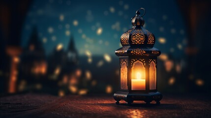 Ornamental Arabic lantern with burning candle glowing at night. Neural network ai generated art