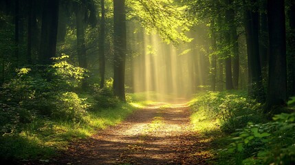 Naklejka premium A tranquil forest scene with sunlight streaming through the leaves creating a warm glow on the forest path