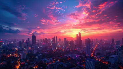 Obraz premium Stunning cityscape silhouette with vibrant pink and purple sunset sky.