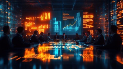Corporate Meeting with Digital Financial Displays. Business professionals meet in a high-tech boardroom surrounded by digital financial displays, discussing strategy and data-driven decisions.