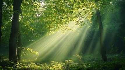 Obraz premium A forest bathed in soft morning light with sun rays illuminating the fresh green leaves and creating a serene atmosphere