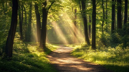 Naklejka premium A peaceful forest path with sun rays streaming through the trees highlighting the vibrant spring foliage