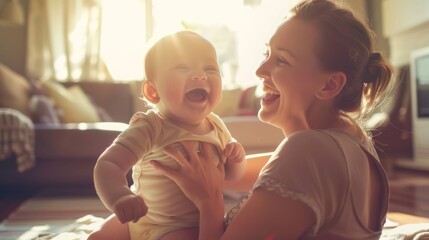 Young mother playfully interacting with her baby in a well-lit, cheerful living room. - Powered by Adobe