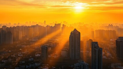 Fototapeta premium A stunning sunset over a city skyline, casting golden rays through tall buildings.