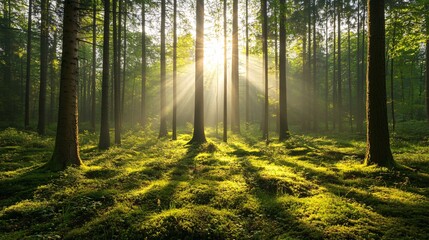 Fototapeta premium A tranquil forest with tall trees and soft sun rays illuminating the fresh spring growth on the forest floor