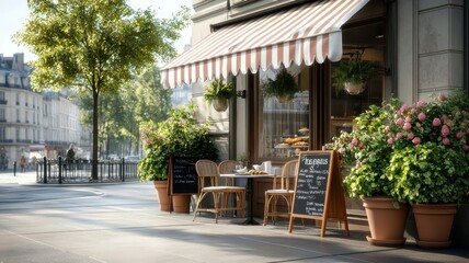 Parisian cafe with striped awning and potted plants.
