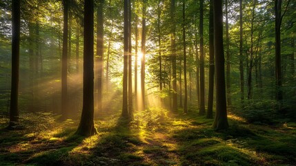Fototapeta premium A peaceful forest with tall trees and soft sun rays illuminating the vibrant greenery on the forest floor