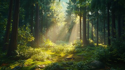 Fototapeta premium A peaceful forest with tall trees and soft sun rays illuminating the vibrant greenery on the forest floor