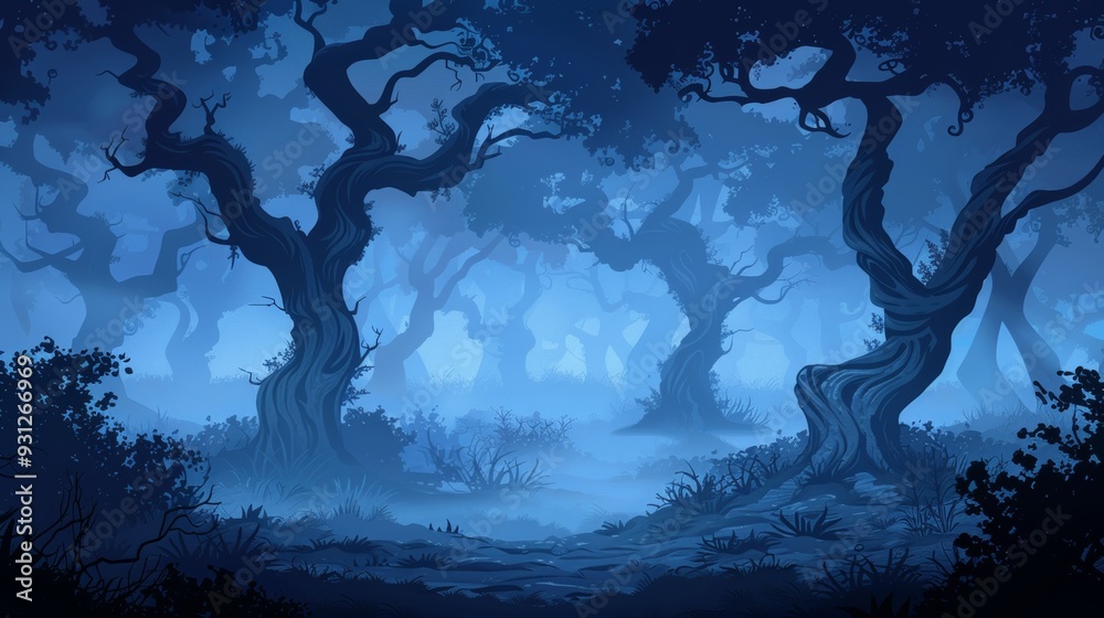 Fototapete Spooky forest with twisted trees and fog covering the ground cartoon Vector Illustration