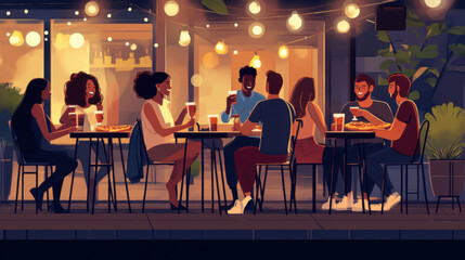 Diverse friends savoring Italian pizza and drinks, enjoying a relaxed night out at an outdoor cafe