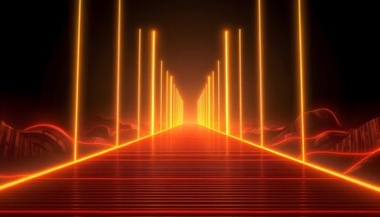 Naklejka premium abstract background with light lines. A futuristic, abstract landscape with tall, glowing columns or structures in the background, creating a sense of depth and perspective. 