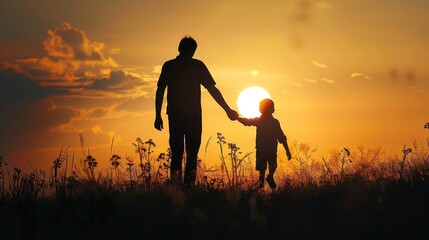 Obraz premium Father and son walking hand in hand into the sunset on a field. sending happy Father’s Day messages, images, or simply offering some gifts to dad