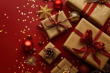 Red gift box with gold ribbon and bow, golden sparkles and confetti flying, top view. and Glimmering Star on Festive Red Surface - Holiday Celebration 