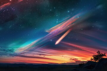 Fototapeta premium A holographic comet streaking across the sky, leaving a colorful trail.