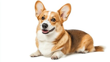 A happy, red and white Pembroke Welsh Corgi with a fluffy tail lays on a white background.