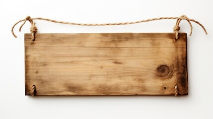 Close up of an empty wooden sign hanging on a rope on white background. Neural network ai generated art