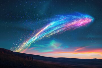 A holographic comet streaking across the sky, leaving a colorful trail.