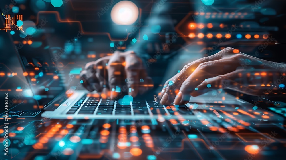 Poster hands are typing on a laptop keyboard, with an abstract digital background of glowing lights and lin