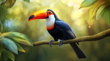 A toucan with a large orange beak perches on a mossy branch in a tropical rainforest.