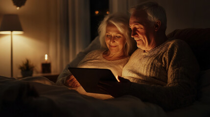 Fototapeta premium Elderly couple sitting in bed, sharing a romantic moment while reading an e-book on their