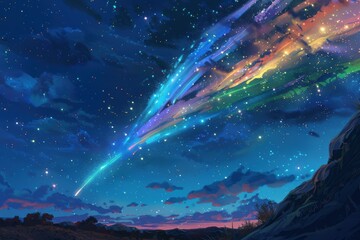 A holographic comet streaking across the sky, leaving a colorful trail.