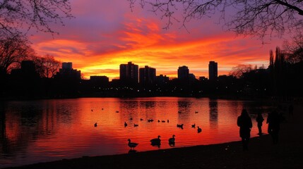 Fototapeta premium A stunning sunset over a lake with silhouetted buildings and ducks swimming.