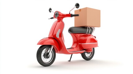 Red scooter with a box isolated on white background. Motorcycle delivery